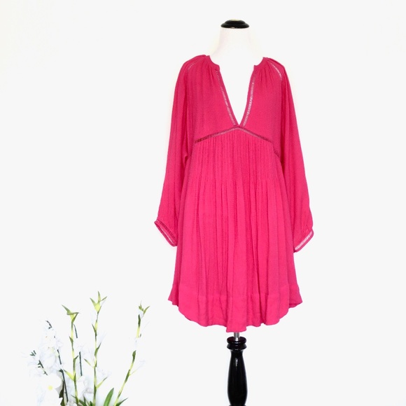 NEW! Free People Go Lightly Swing Dress V Neck Long Sleeve Boho Pink SZ M - Picture 9 of 15